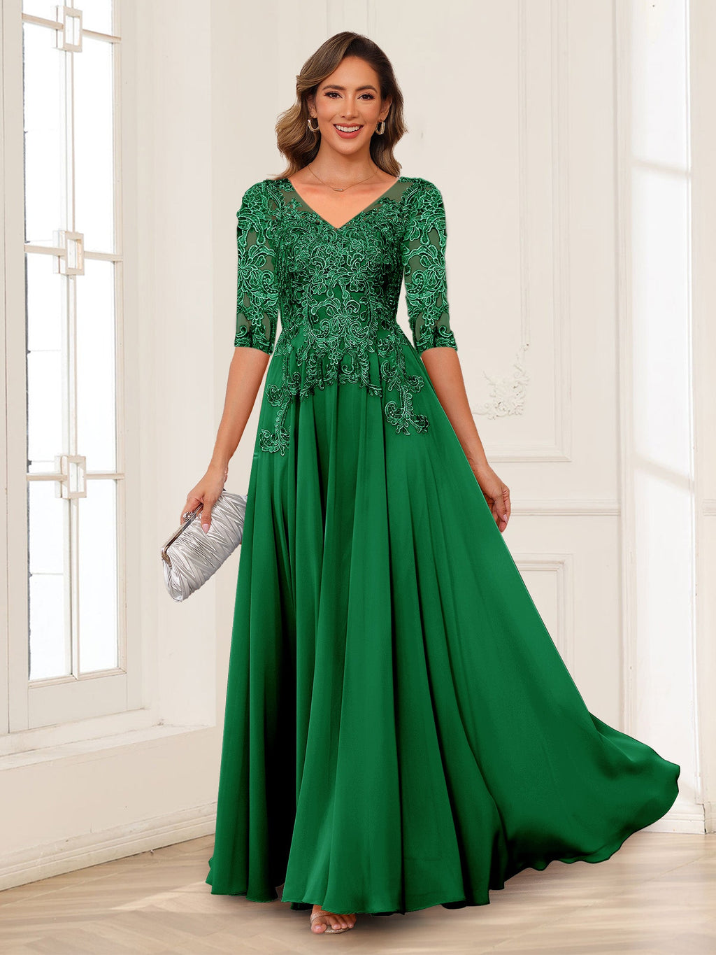 Calista Rowan Forest Green front view mother of the bride dress
