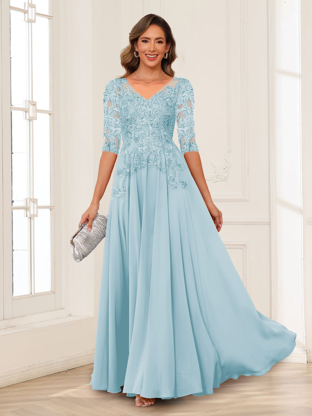 Calista Rowan Sky Blue front view mother of the bride dress