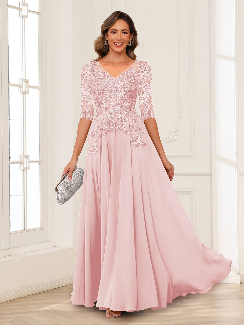 Florence pearl pink front view mother of the bride dress