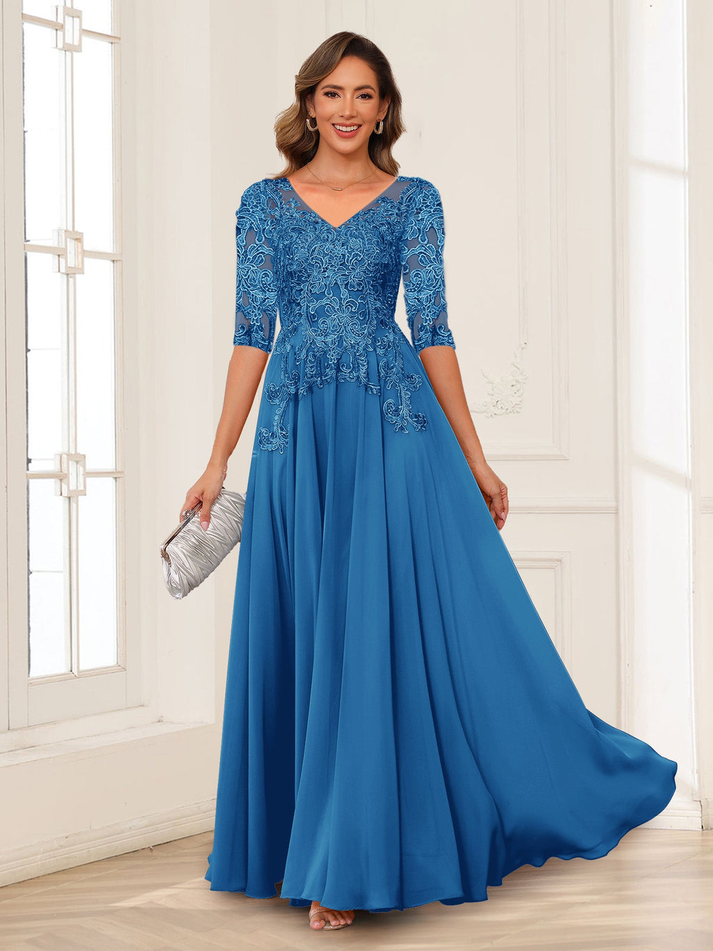 Florence ocean blue front view mother of the bride dress