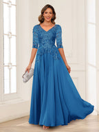 Calista Rowan Ocean Blue front view mother of the bride dress