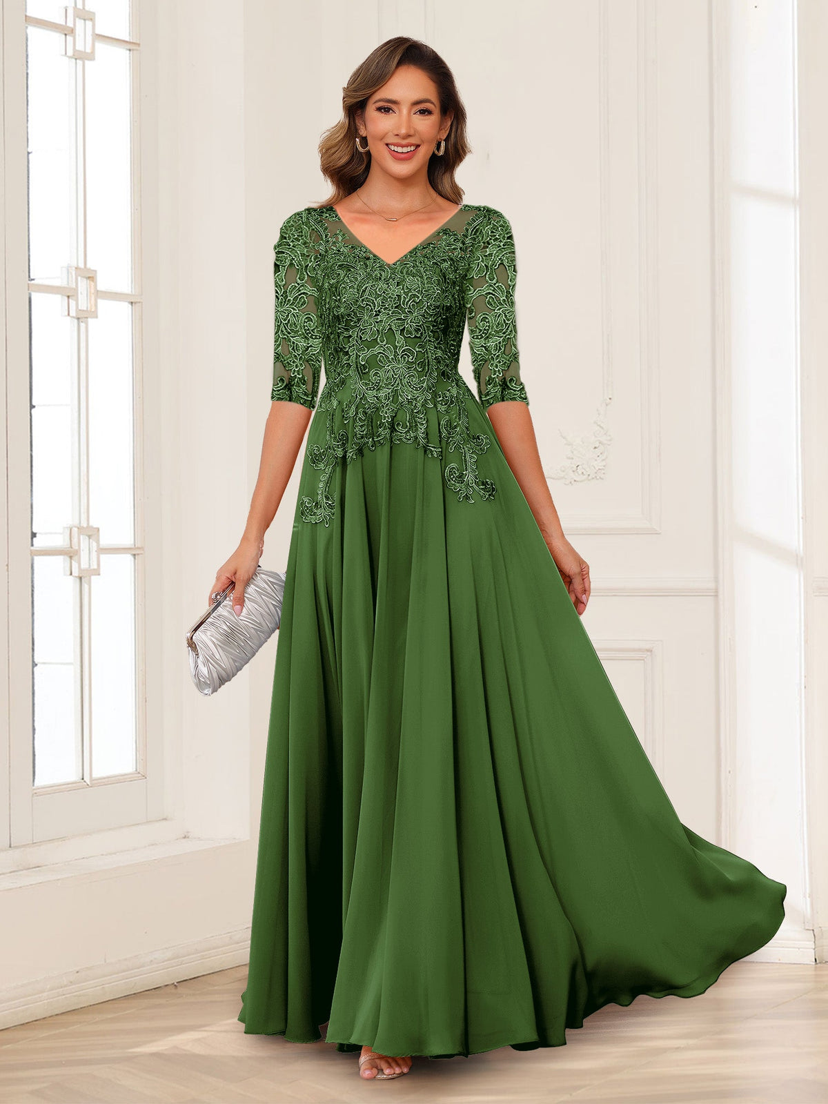 Calista Rowan Olive Green front view mother of the bride dress