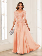 Calista Rowan Peach front view mother of the bride dress