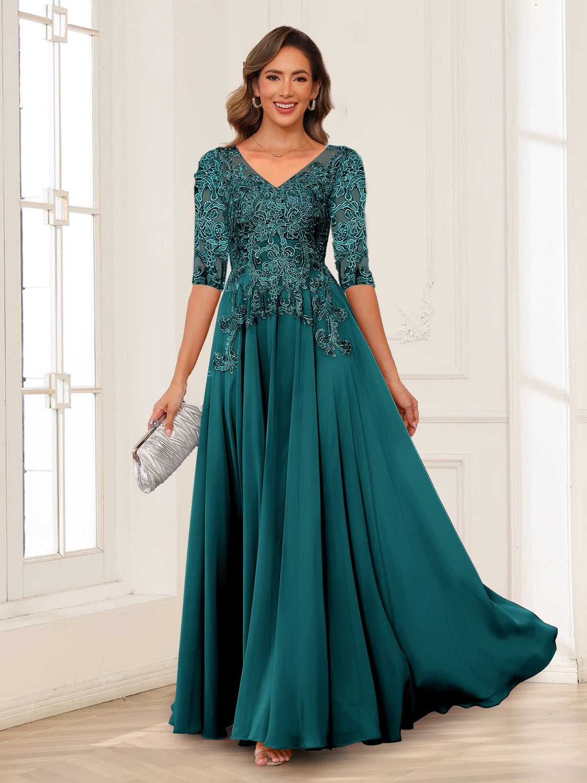 Florence peacock front view mother of the bride dress