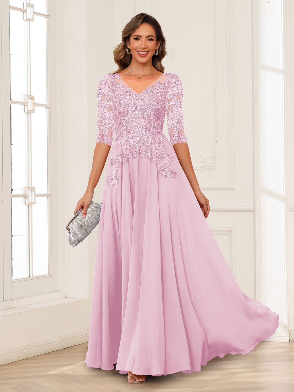 Florence rose pink front view mother of the bride dress