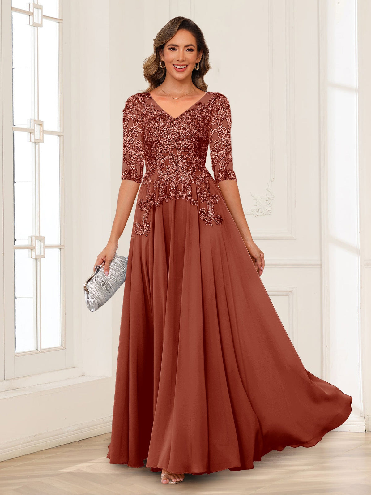 Calista Rowan Rust front view mother of the bride dress