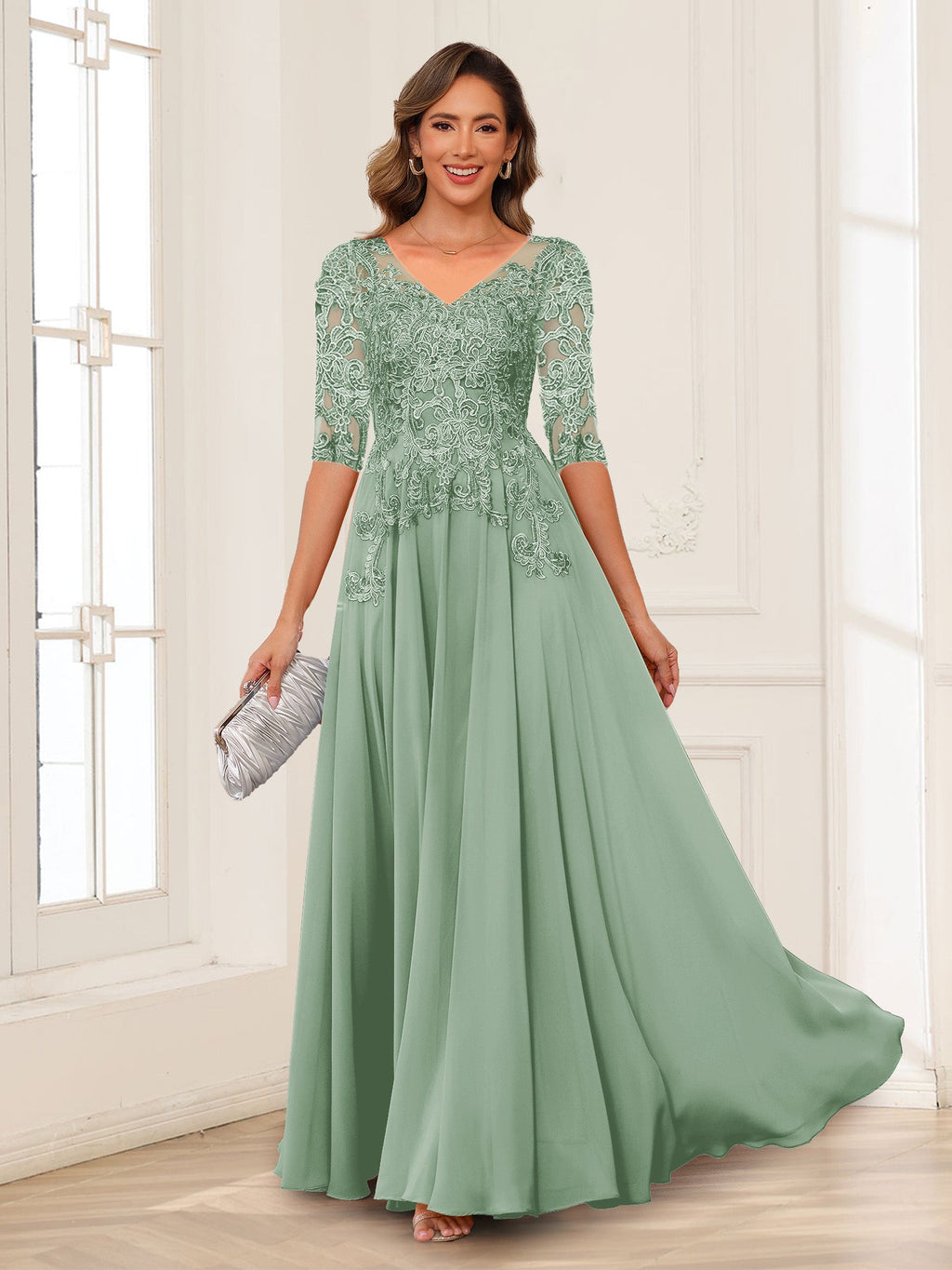 Calista Rowan Sage Green back view mother of the bride dress