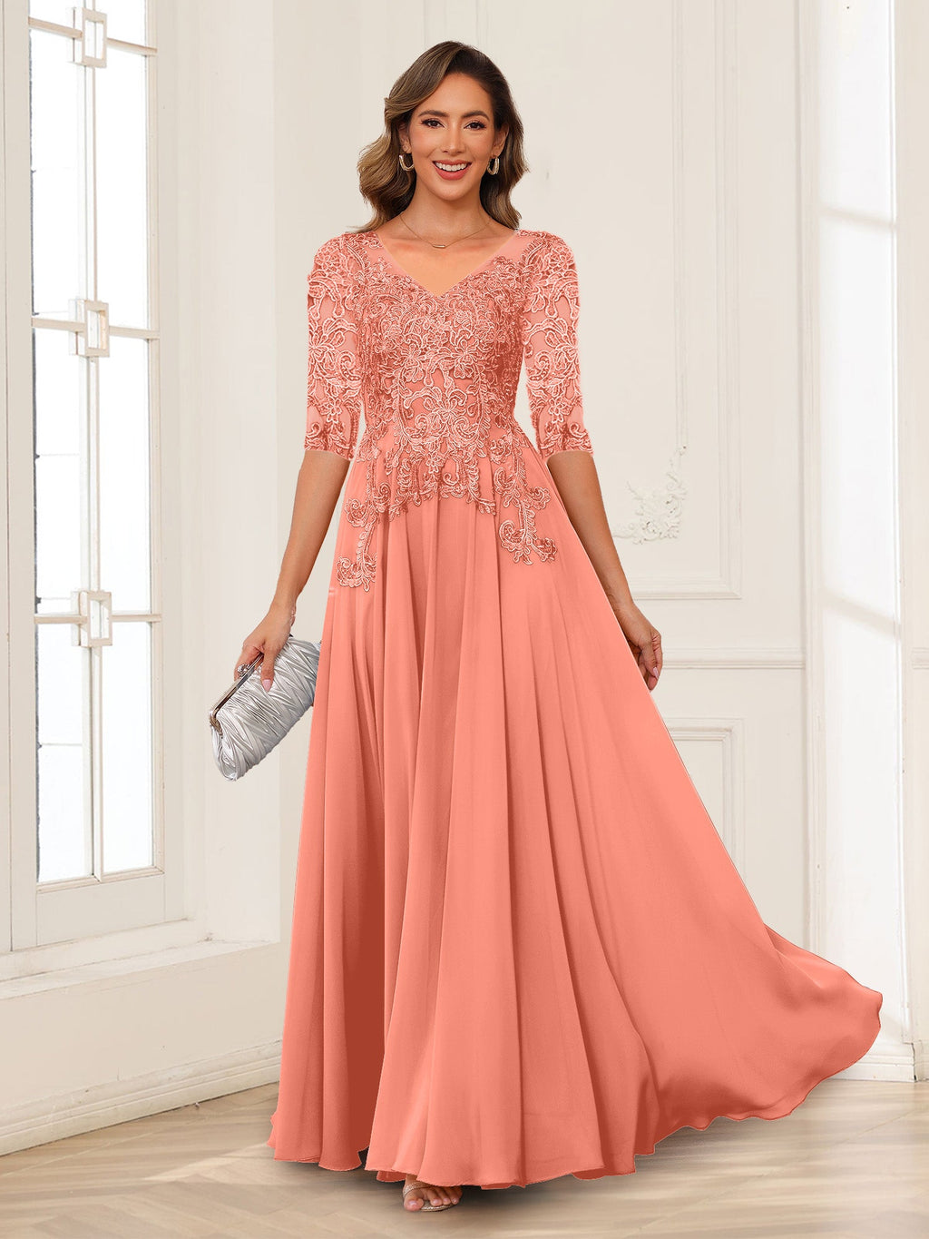 Calista Rowan Coral back view mother of the bride dress