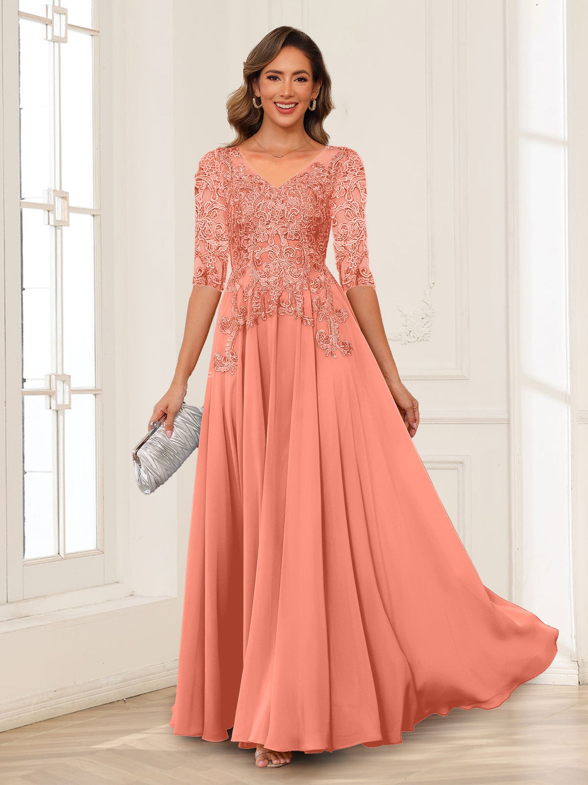 Calista Rowan Coral back view mother of the bride dress