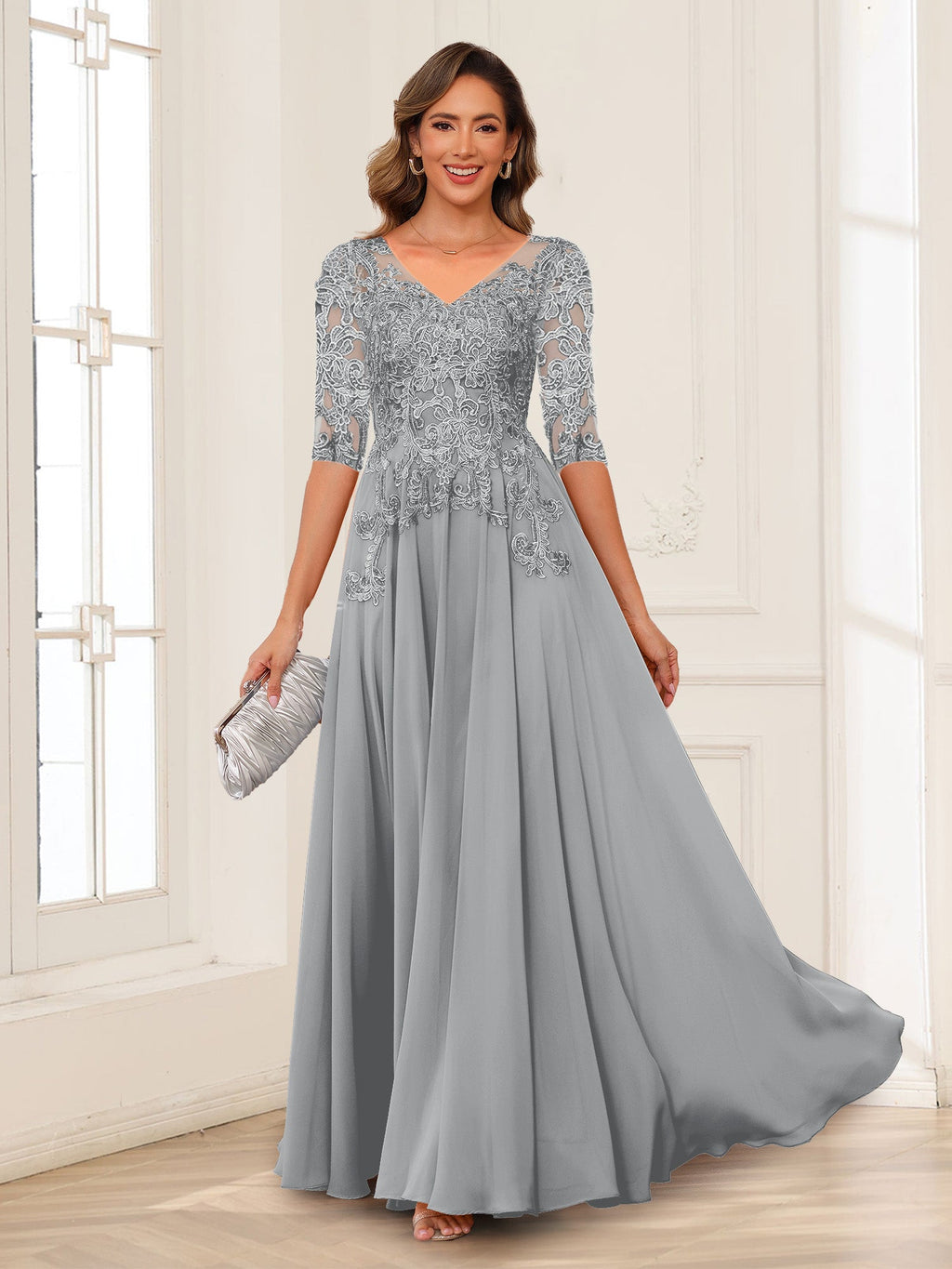Calista Rowan Silver front view mother of the bride dress