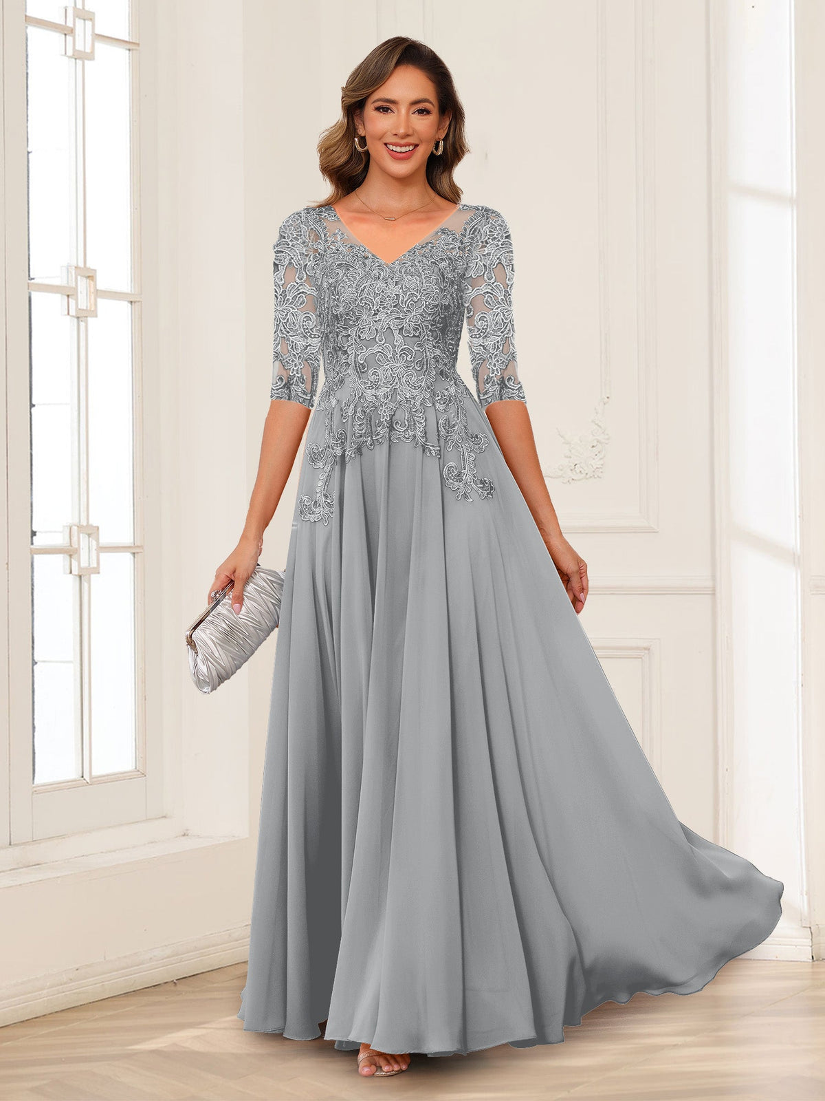Calista Rowan Silver front view mother of the bride dress