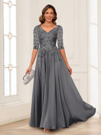 Calista Rowan Steel Grey front view mother of the bride dress