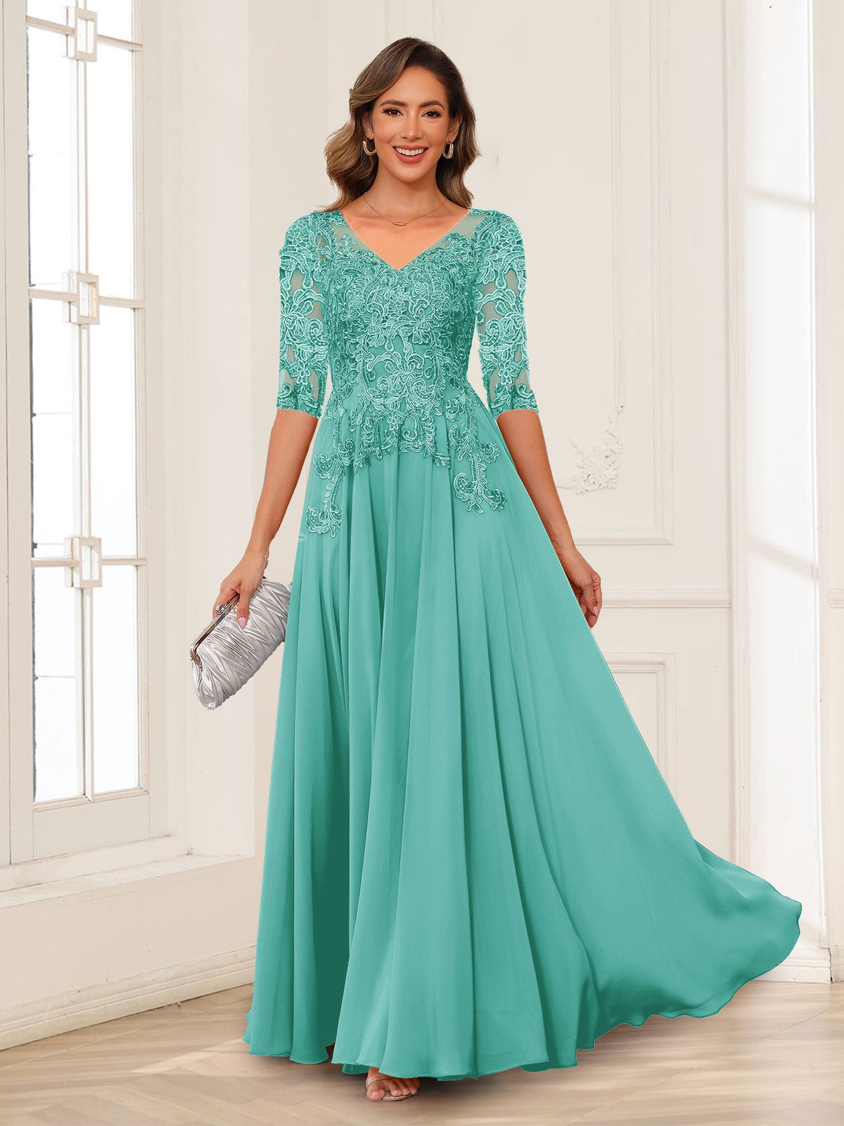Calista Rowan Pool Blue back view mother of the bride dress