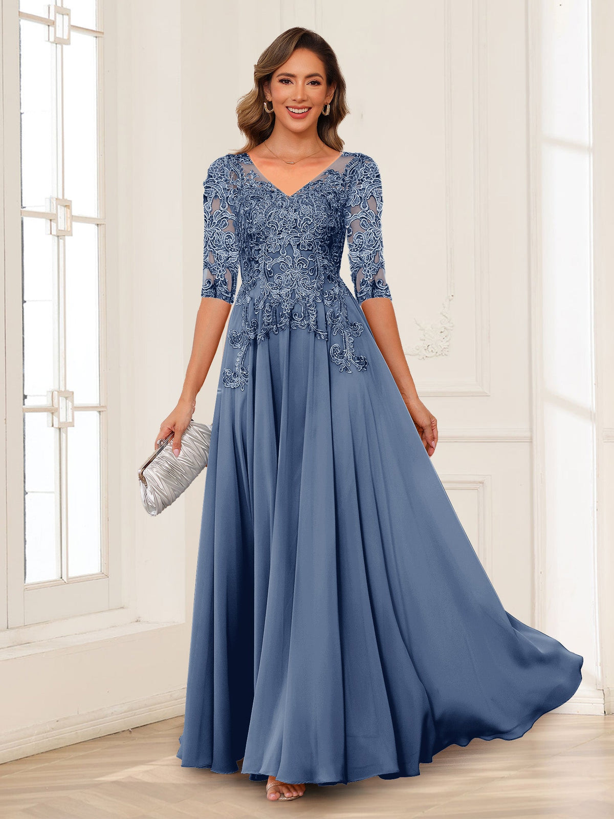 Calista Rowan Steel Blue front view mother of the bride dress