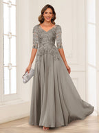 Florence taupe front view mother of the bride dress