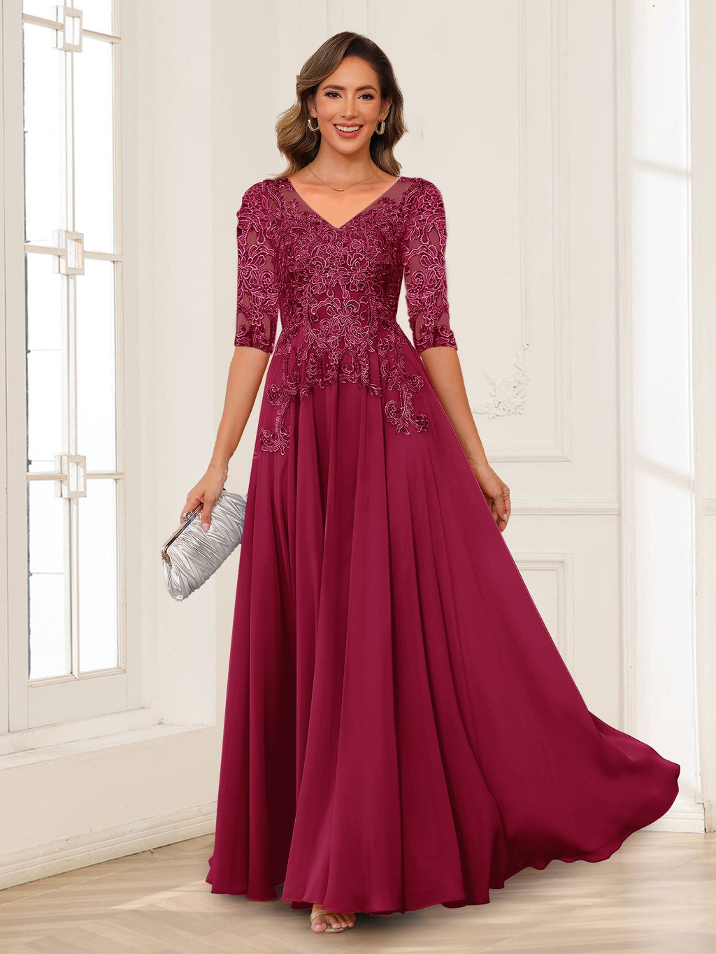 Calista Rowan Burgundy side view mother of the bride dress