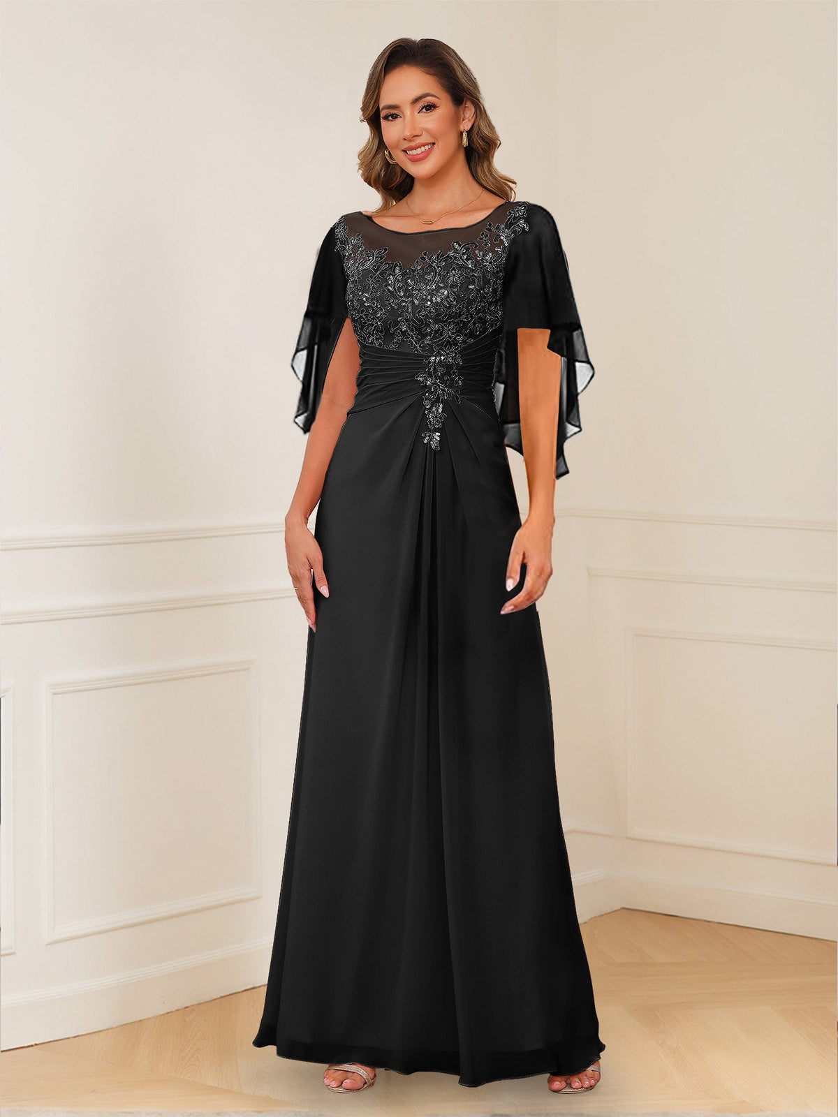 Evadne Claire Black front view mother of the bride dress