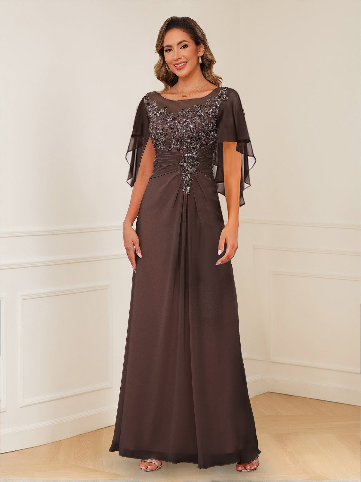 Helena brown front view mother of the bride dress