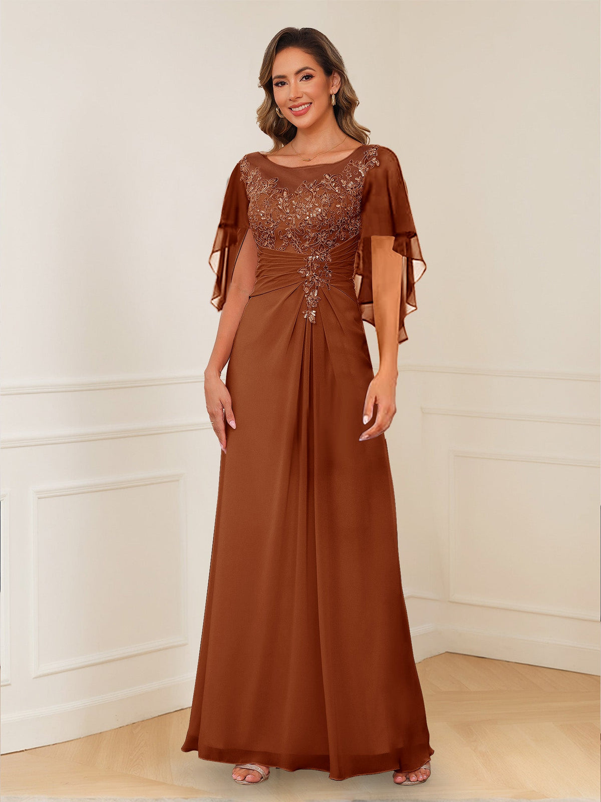 Evadne Claire Burnt Orange front view mother of the bride dress