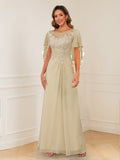 Evadne Claire Champagne front view mother of the bride dress