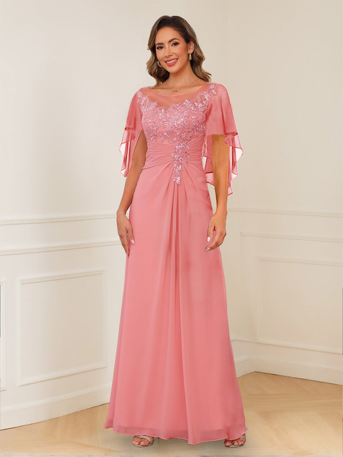 Evadne Claire Coral front view mother of the bride dress