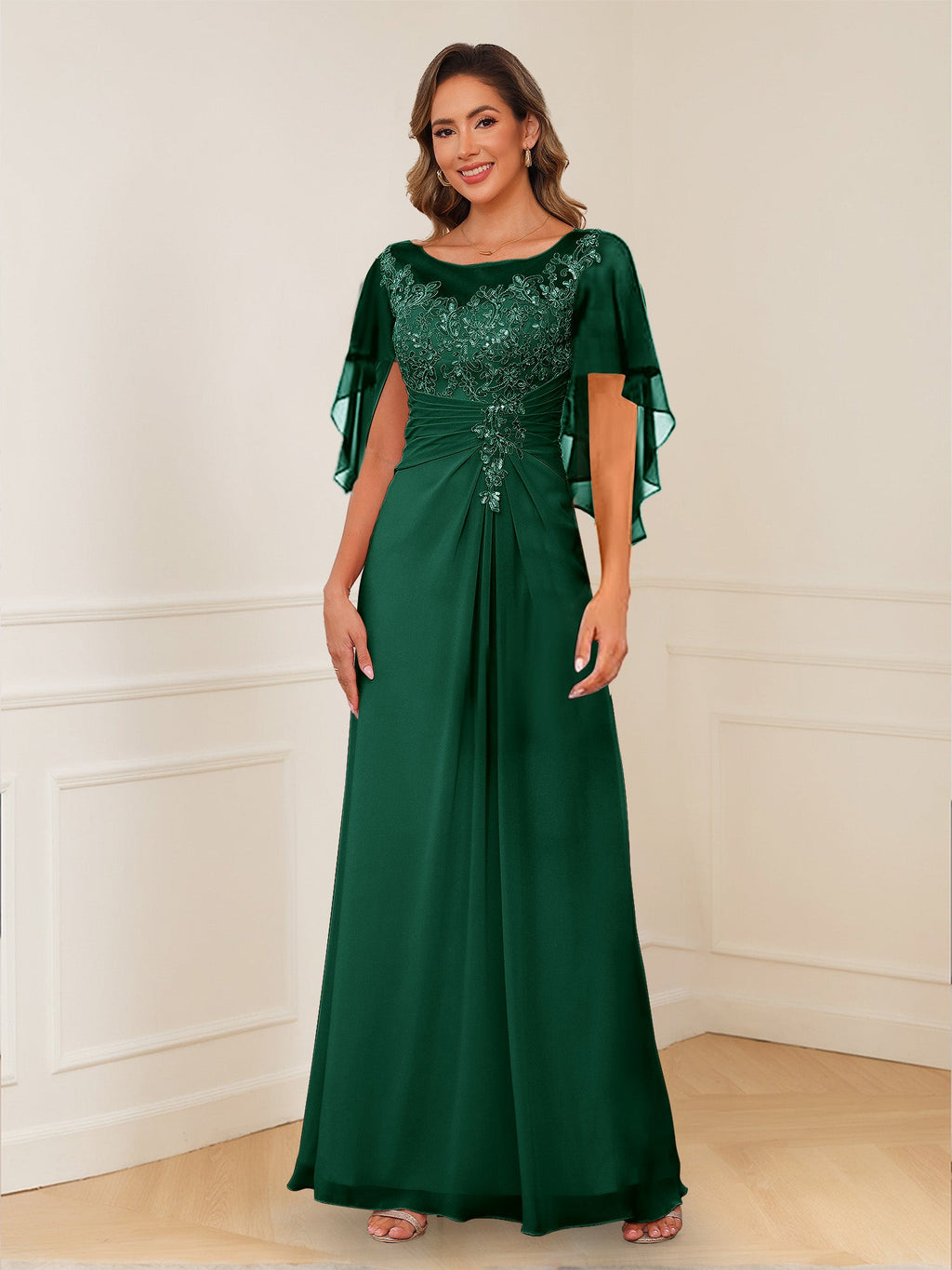 Evadne Claire Hunter Green front view mother of the bride dress