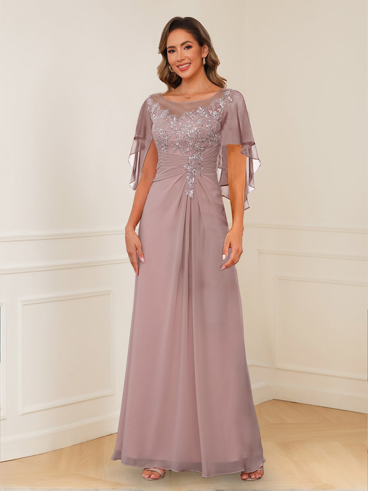Evadne Claire Dusty Rose front view mother of the bride dress
