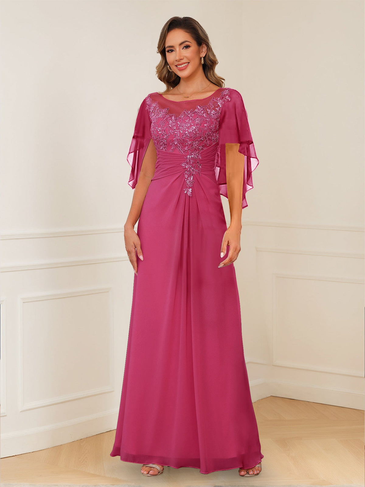 Evadne Claire Fuchsia front view mother of the bride dress
