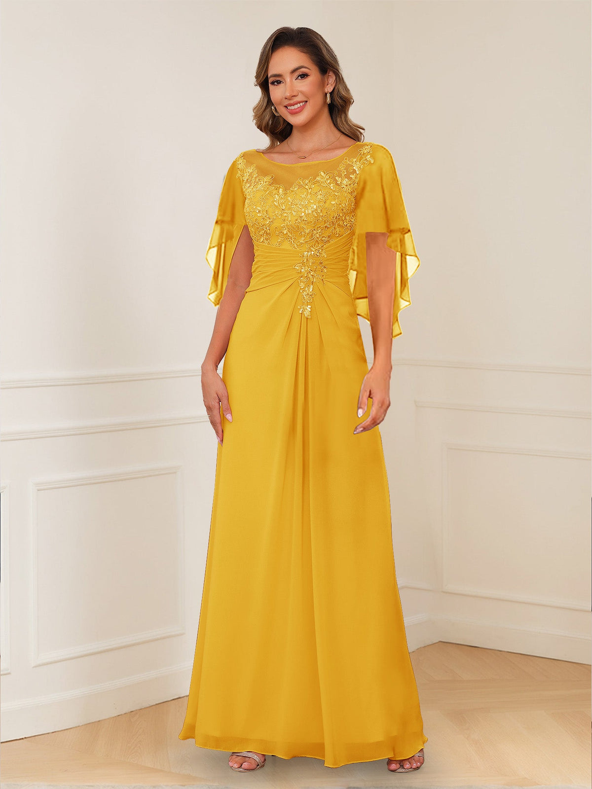 Helena gold front view mother of the bride dress