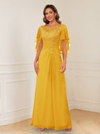 Evadne Claire Gold front view mother of the bride dress