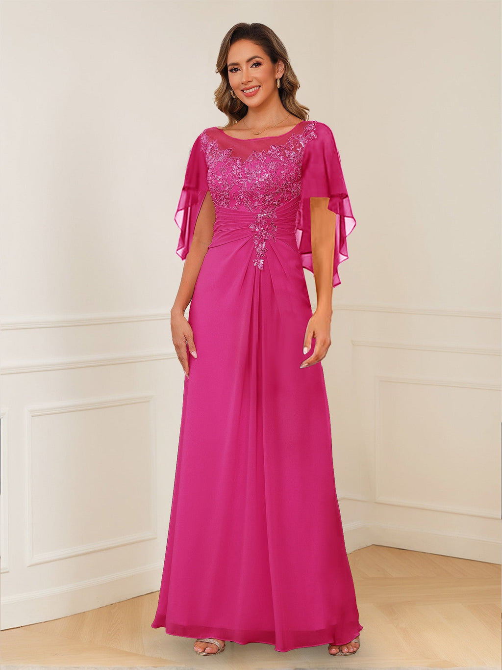 Evadne Claire Hot Pink front view mother of the bride dress