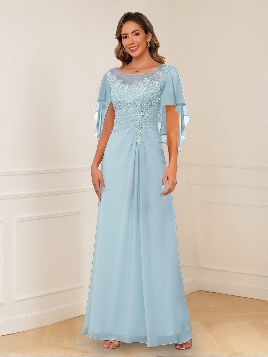 Helena sky blue front view mother of the bride dress