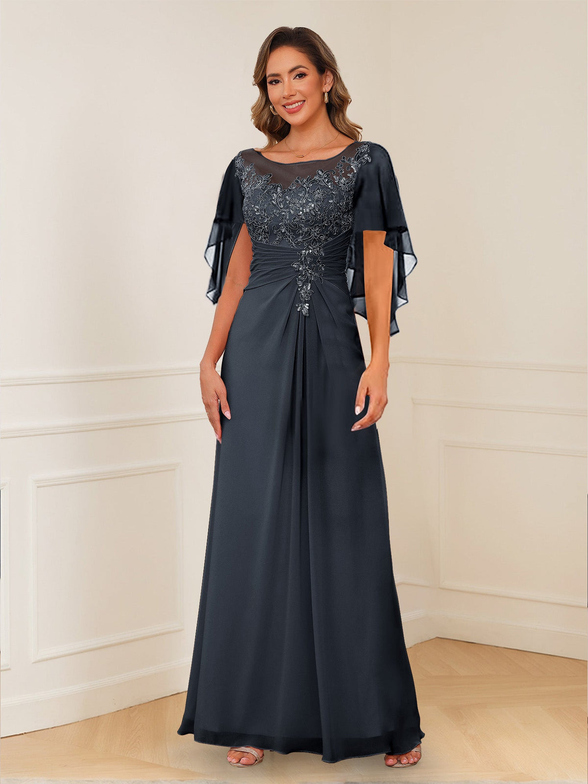 Helena navy blue front view mother of the bride dress