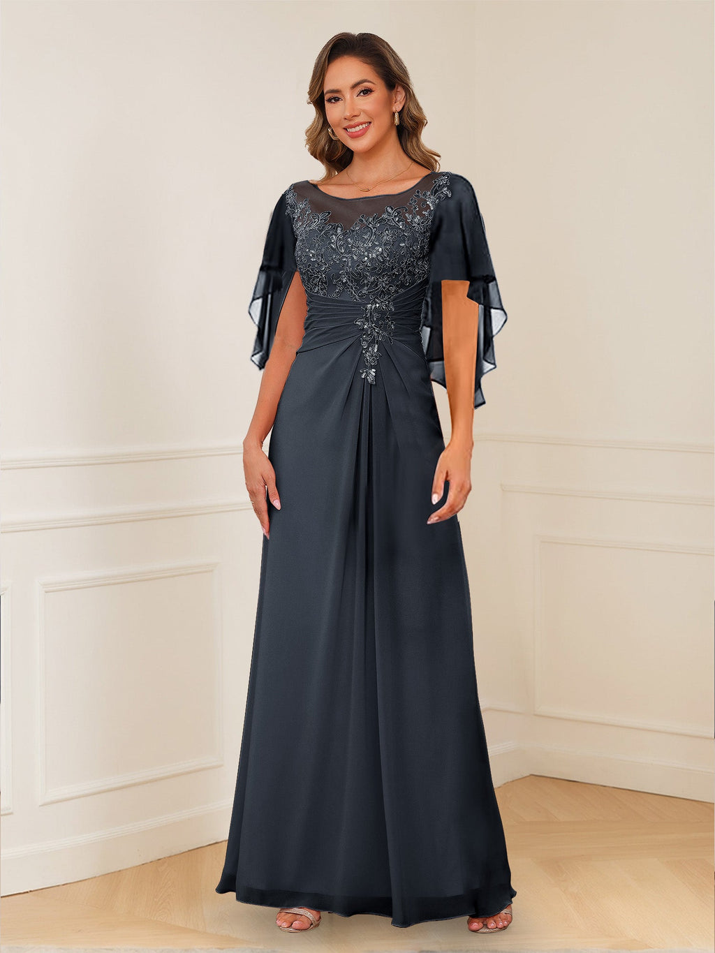 Evadne Claire Navy Blue front view mother of the bride dress