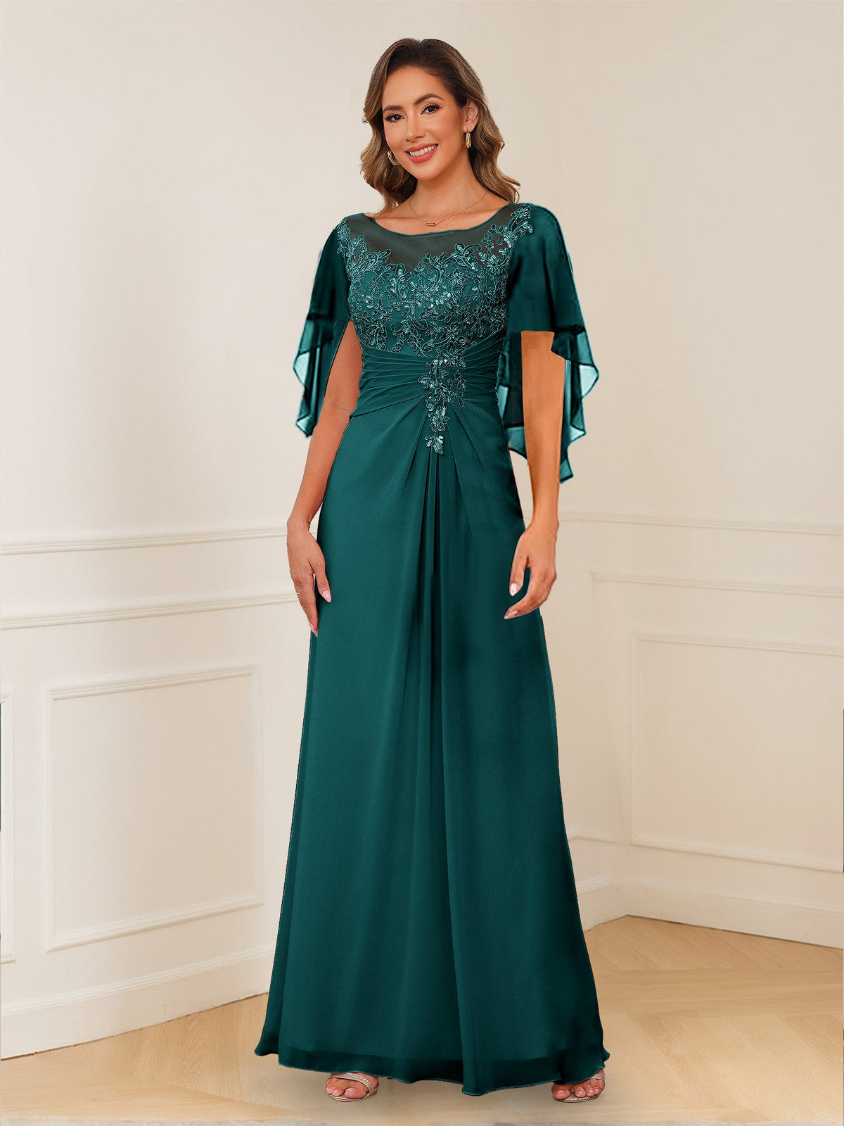 Helena peacock front view mother of the bride dress