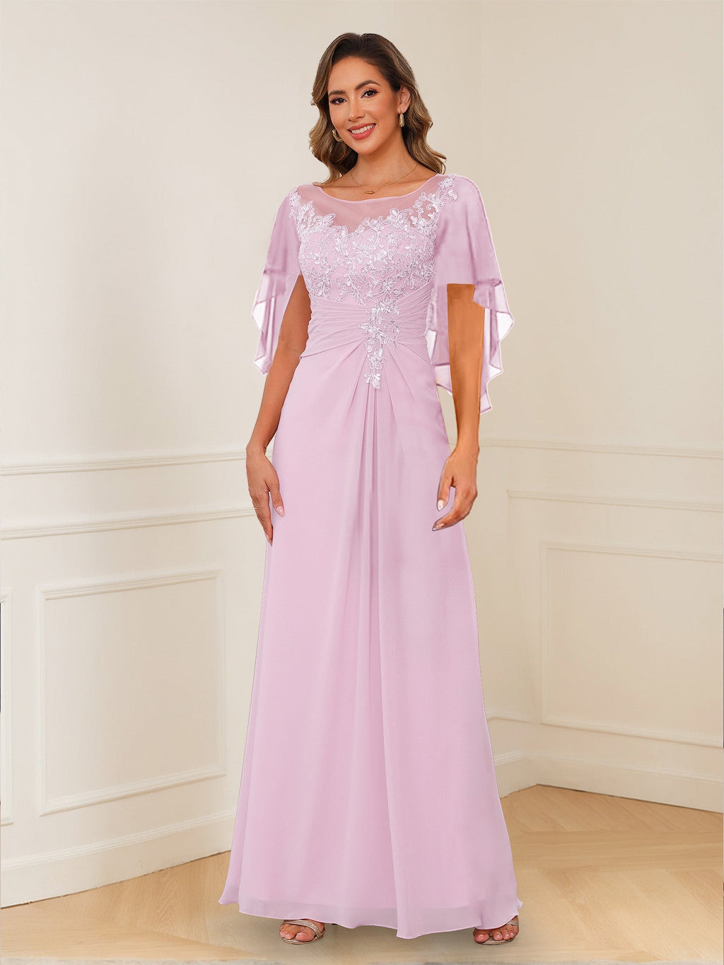 Evadne Claire Rose Pink front view mother of the bride dress