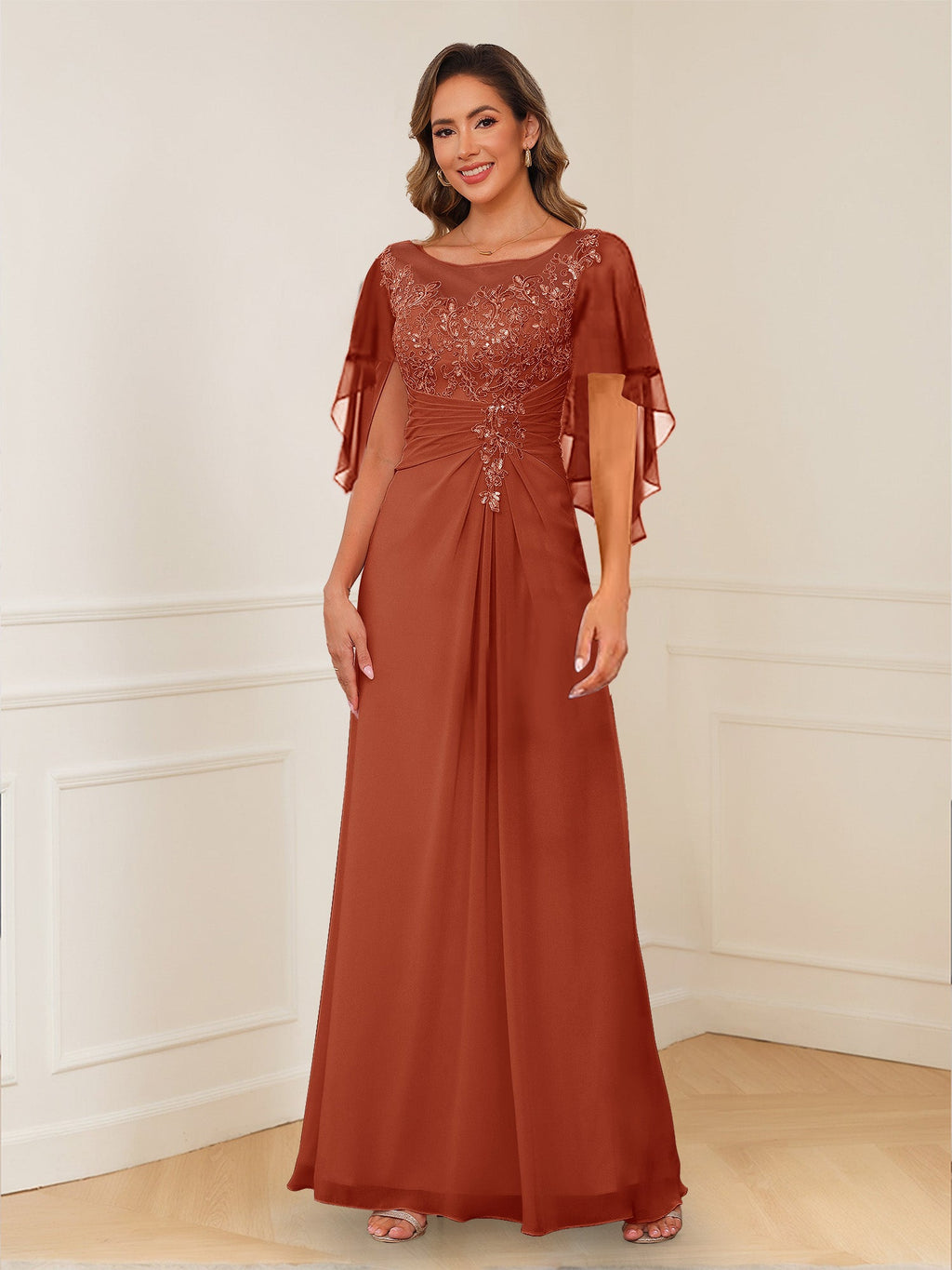 Evadne Claire Rust front view mother of the bride dress