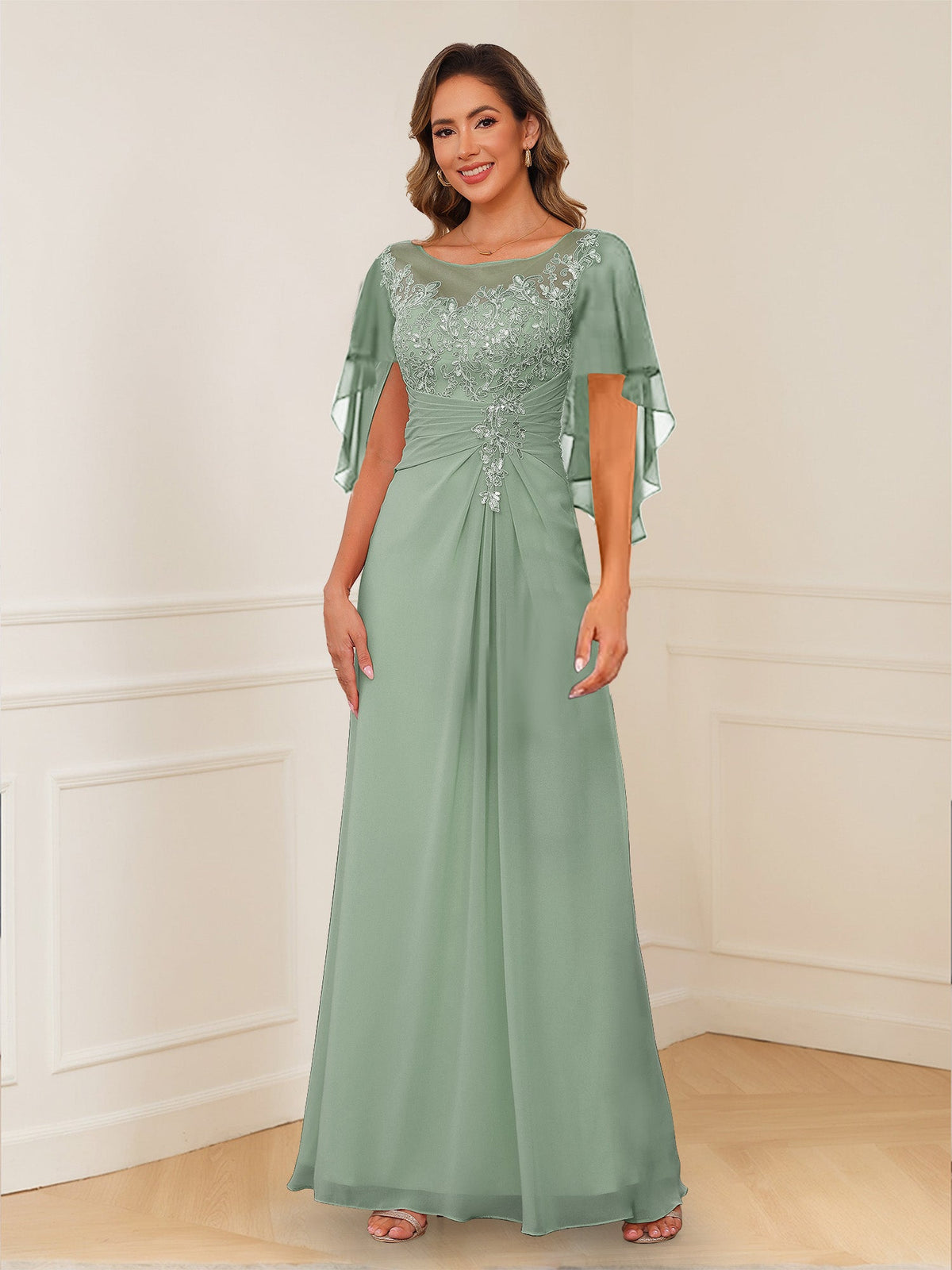 Helena sage green front view mother of the bride dress