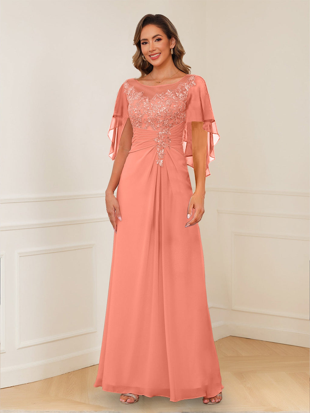 Helena coral alternate front view 2 mother of the bride dress