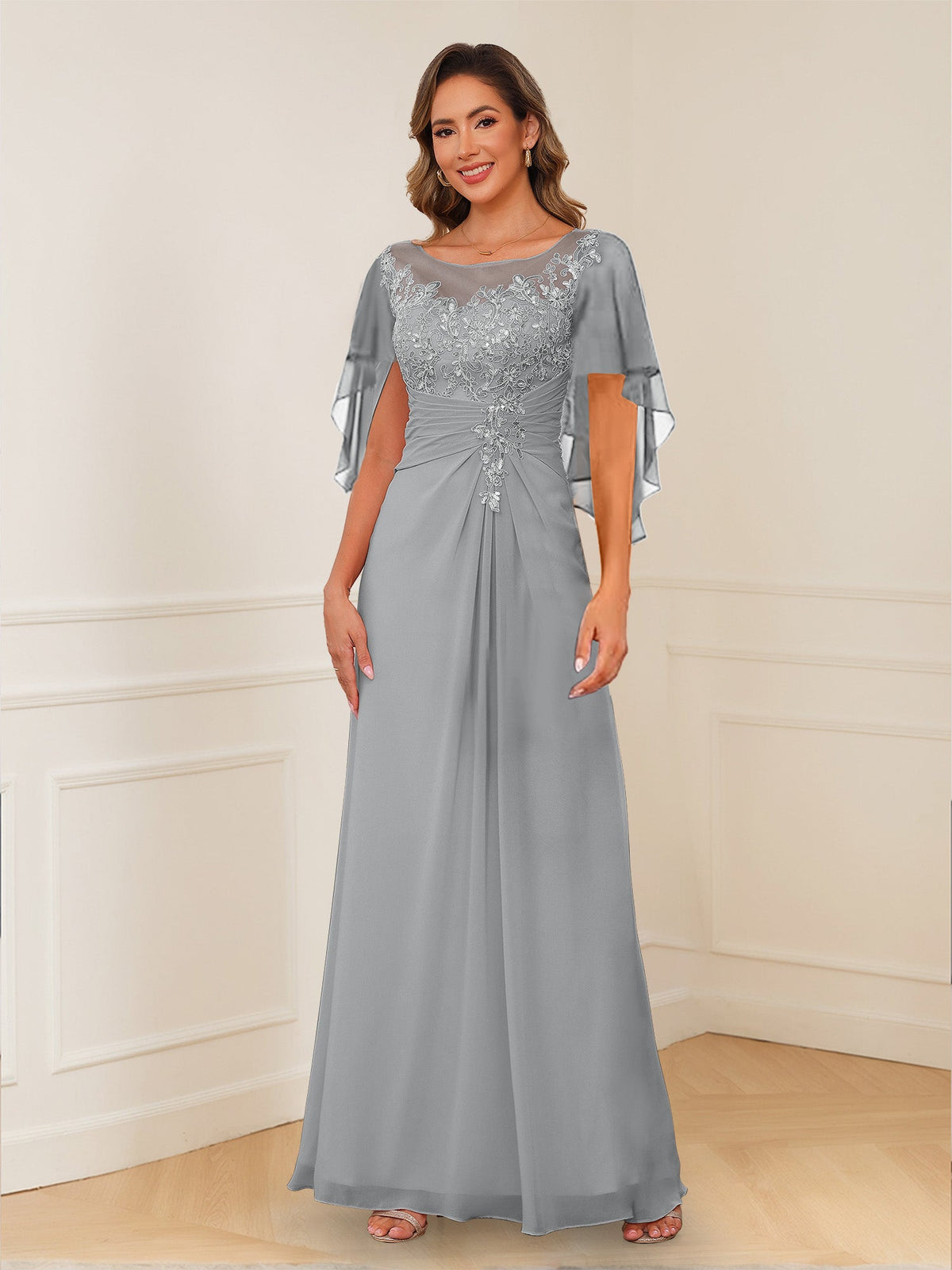 Helena silver front view mother of the bride dress