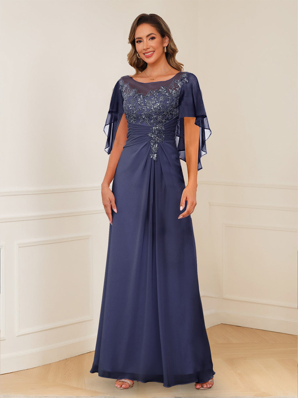 Evadne Claire Dusty Blue side view mother of the bride dress