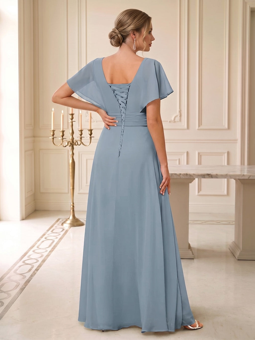 Quenby Dusty Blue back view wedding guest dress