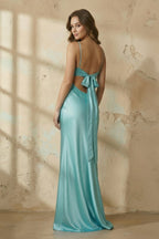 Blue Spaghetti Straps Sheath Satin Long Formal Prom Gown With Appliques