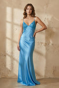 Blue Spaghetti Straps Sheath Satin Long Formal Prom Gown With Appliques
