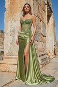 Silver Spaghetti Straps Mermaid Appliqued Formal Prom Gown With Split