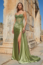 Silver Spaghetti Straps Mermaid Appliqued Formal Prom Gown With Split