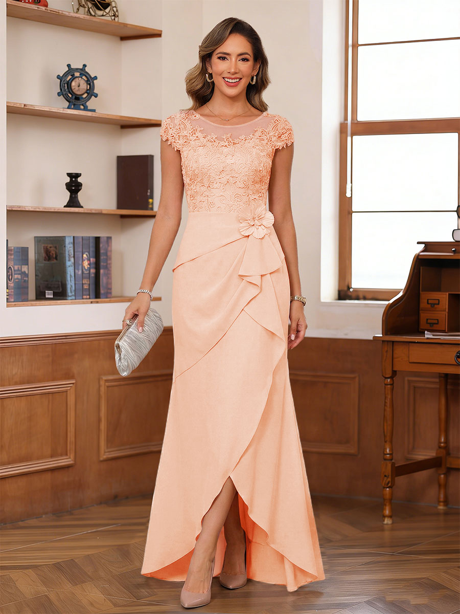 Calista peach front view mother of the bride dress