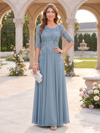 Amelia Elise Dusty Blue front view mother of the bride dress