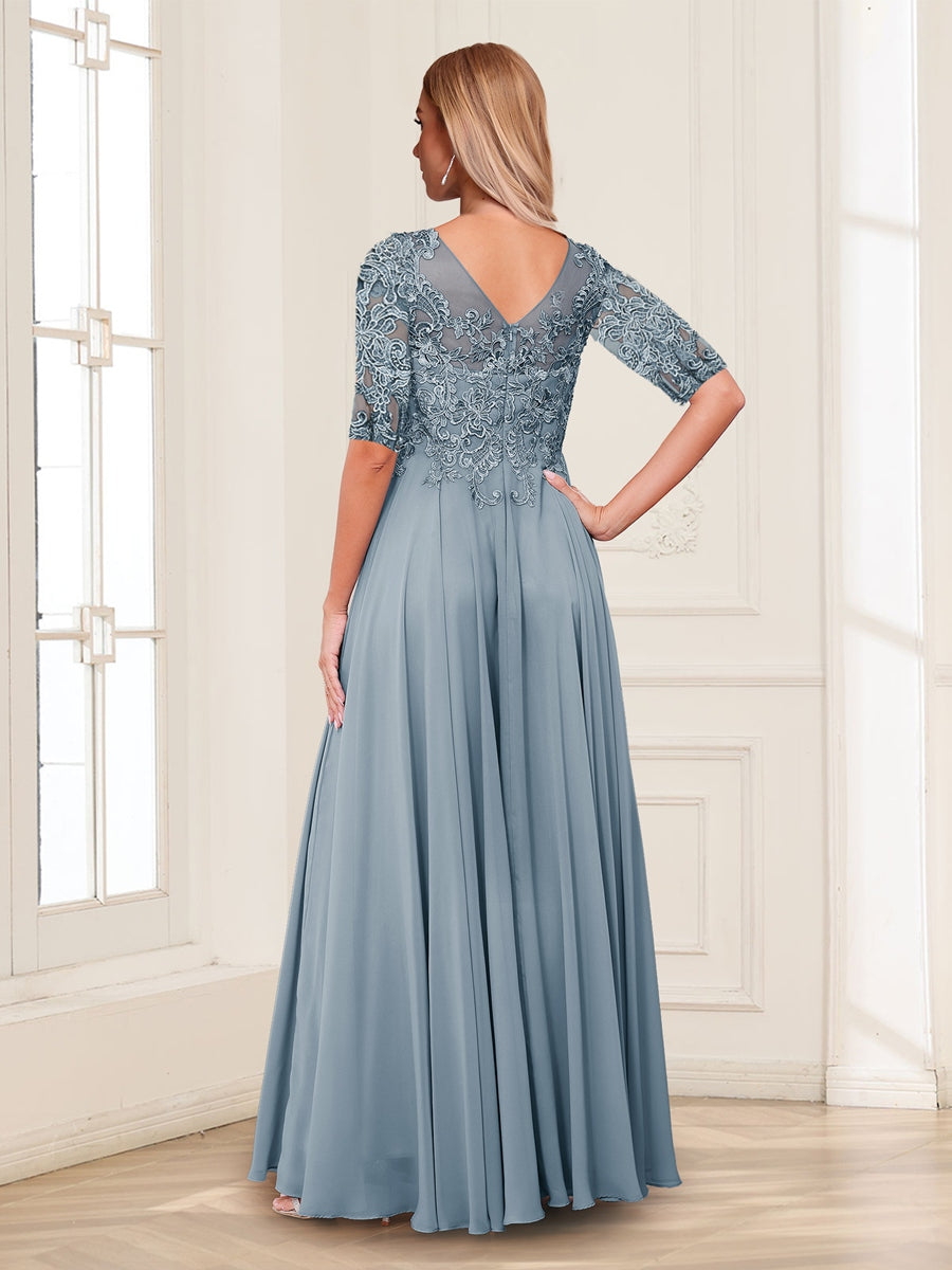 Amelia Elise Dusty Blue back view mother of the bride dress