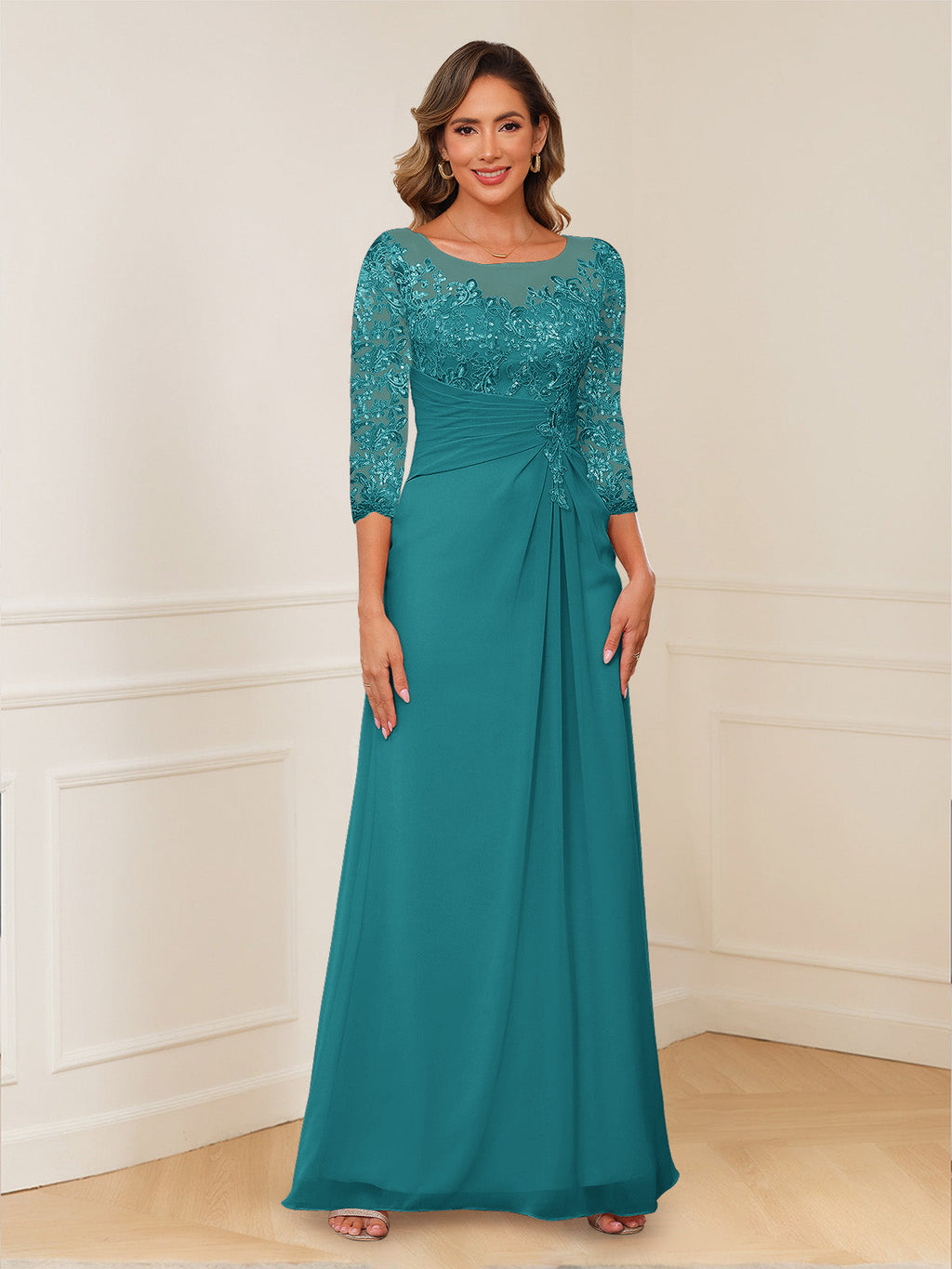 Josephine Cove Turquoise front view mother of the bride dress